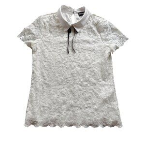 Karl Lagerfeld Paris White Lace Short Sleeve Blouse With Contrast Collar & Tie D